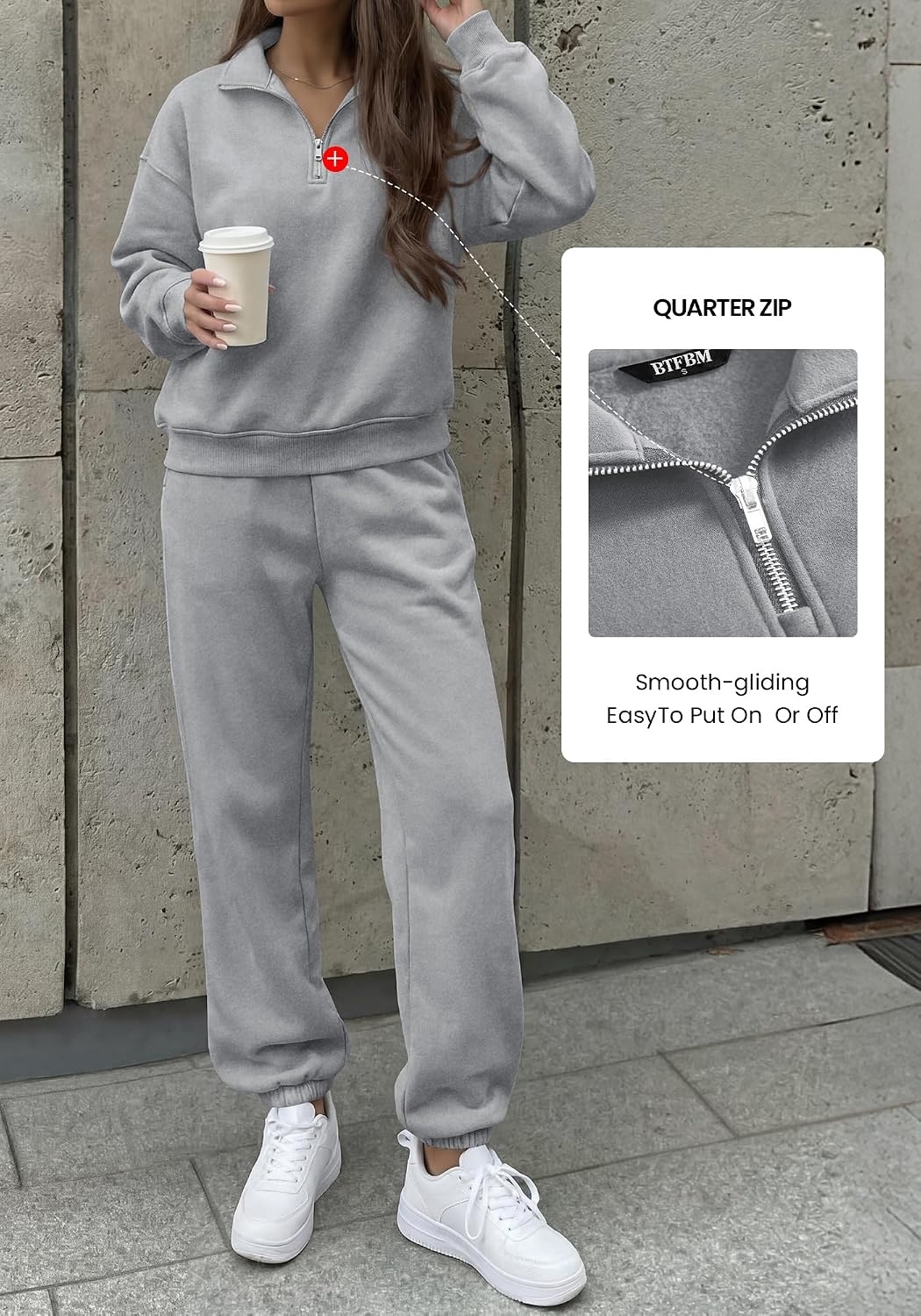 image:imageBTFBM Womens 2 Piece Outfits Sweatsuit Fleece Lounge Sets Quarter Zip Pullover SweatshirtBaggy Jogger Sweatpants2026 Fall Fashion ClothingAirport Travel Matching Sweat SetGrey