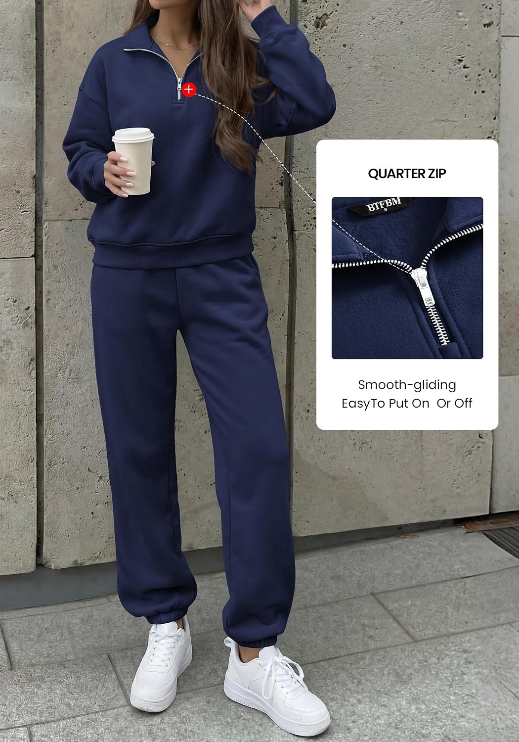 image:imageBTFBM Womens 2 Piece Outfits Sweatsuit Fleece Lounge Sets Quarter Zip Pullover SweatshirtBaggy Jogger Sweatpants2026 Fall Fashion ClothingAirport Travel Matching Sweat SetNavy Blue