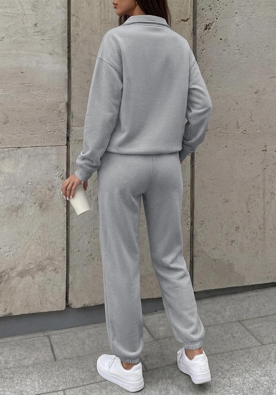 image:imageBTFBM Womens 2 Piece Outfits Sweatsuit Fleece Lounge Sets Quarter Zip Pullover SweatshirtBaggy Jogger Sweatpants2026 Fall Fashion ClothingAirport Travel Matching Sweat SetGrey