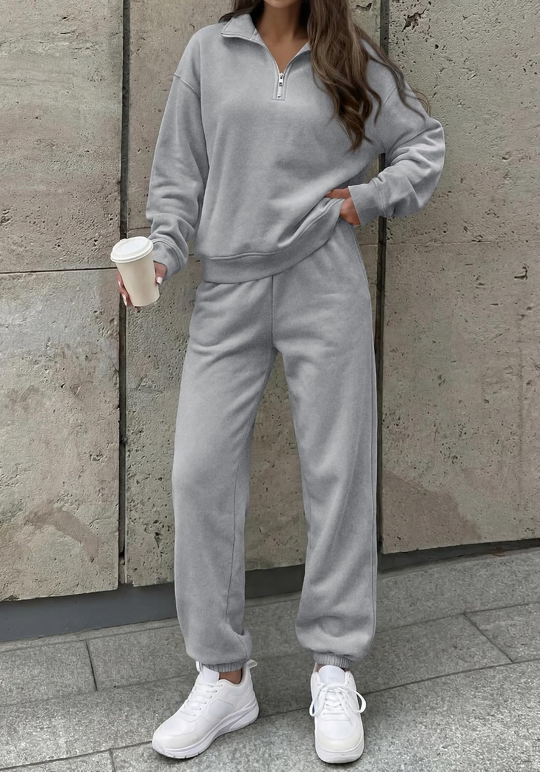 image:imageBTFBM Womens 2 Piece Outfits Sweatsuit Fleece Lounge Sets Quarter Zip Pullover SweatshirtBaggy Jogger Sweatpants2026 Fall Fashion ClothingAirport Travel Matching Sweat SetGrey