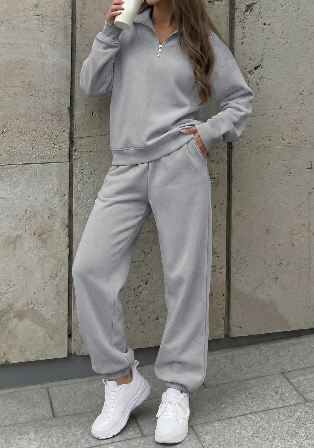 image:imageBTFBM Womens 2 Piece Outfits Sweatsuit Fleece Lounge Sets Quarter Zip Pullover SweatshirtBaggy Jogger Sweatpants2026 Fall Fashion ClothingAirport Travel Matching Sweat SetGrey