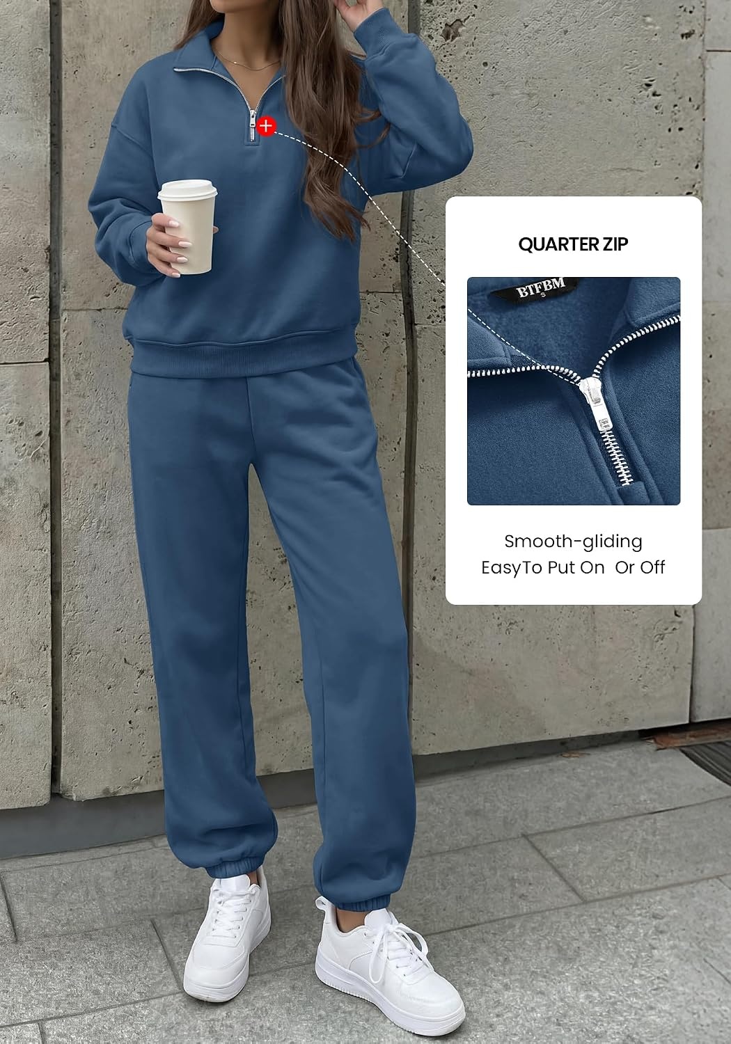 image:imageBTFBM Womens 2 Piece Outfits Sweatsuit Fleece Lounge Sets Quarter Zip Pullover SweatshirtBaggy Jogger Sweatpants2026 Fall Fashion ClothingAirport Travel Matching Sweat SetBlue
