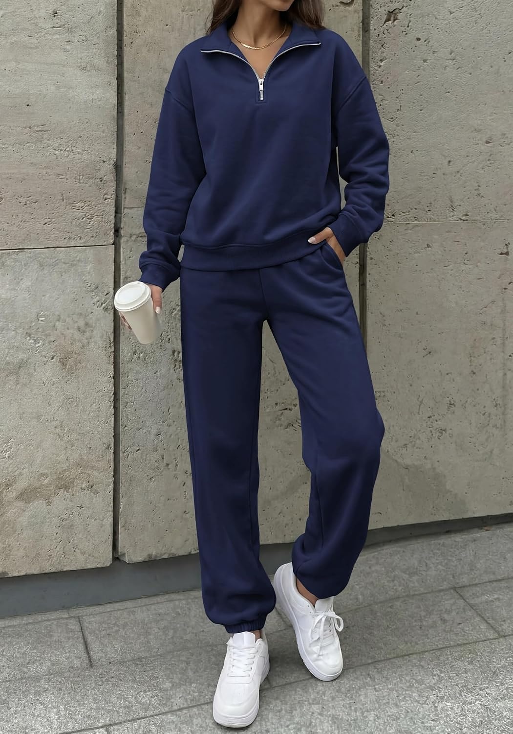 image:imageBTFBM Womens 2 Piece Outfits Sweatsuit Fleece Lounge Sets Quarter Zip Pullover SweatshirtBaggy Jogger Sweatpants2026 Fall Fashion ClothingAirport Travel Matching Sweat SetNavy Blue