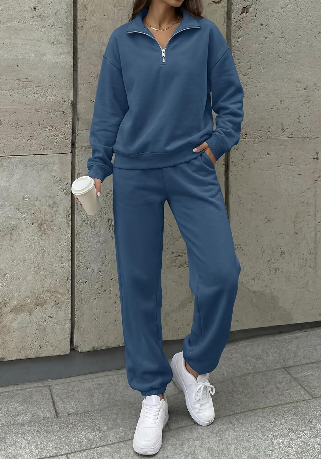 image:imageBTFBM Womens 2 Piece Outfits Sweatsuit Fleece Lounge Sets Quarter Zip Pullover SweatshirtBaggy Jogger Sweatpants2026 Fall Fashion ClothingAirport Travel Matching Sweat SetBlue