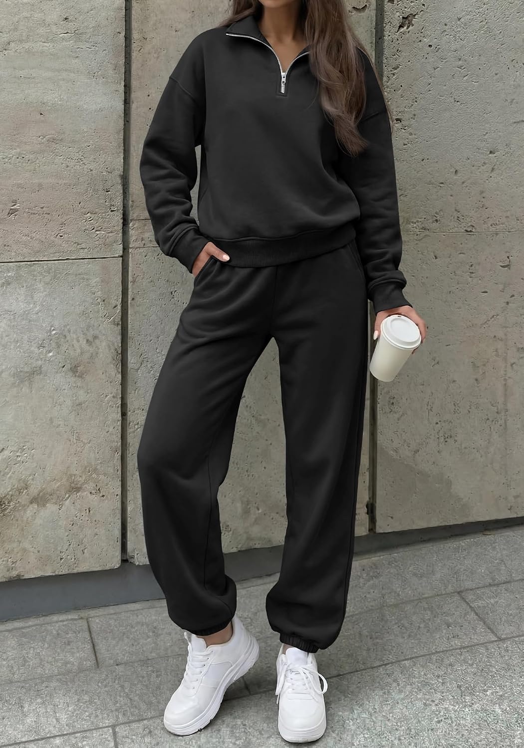 image:imageBTFBM Womens 2 Piece Outfits Sweatsuit Fleece Lounge Sets Quarter Zip Pullover SweatshirtBaggy Jogger Sweatpants2026 Fall Fashion ClothingAirport Travel Matching Sweat SetBlack