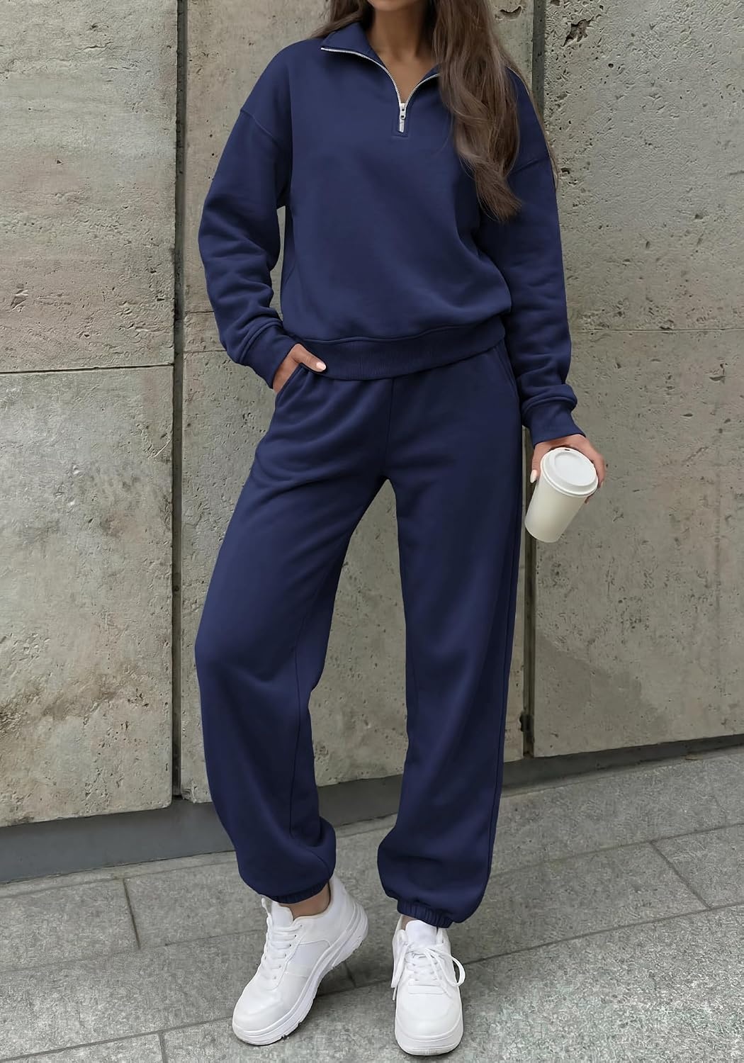 image:imageBTFBM Womens 2 Piece Outfits Sweatsuit Fleece Lounge Sets Quarter Zip Pullover SweatshirtBaggy Jogger Sweatpants2026 Fall Fashion ClothingAirport Travel Matching Sweat SetNavy Blue