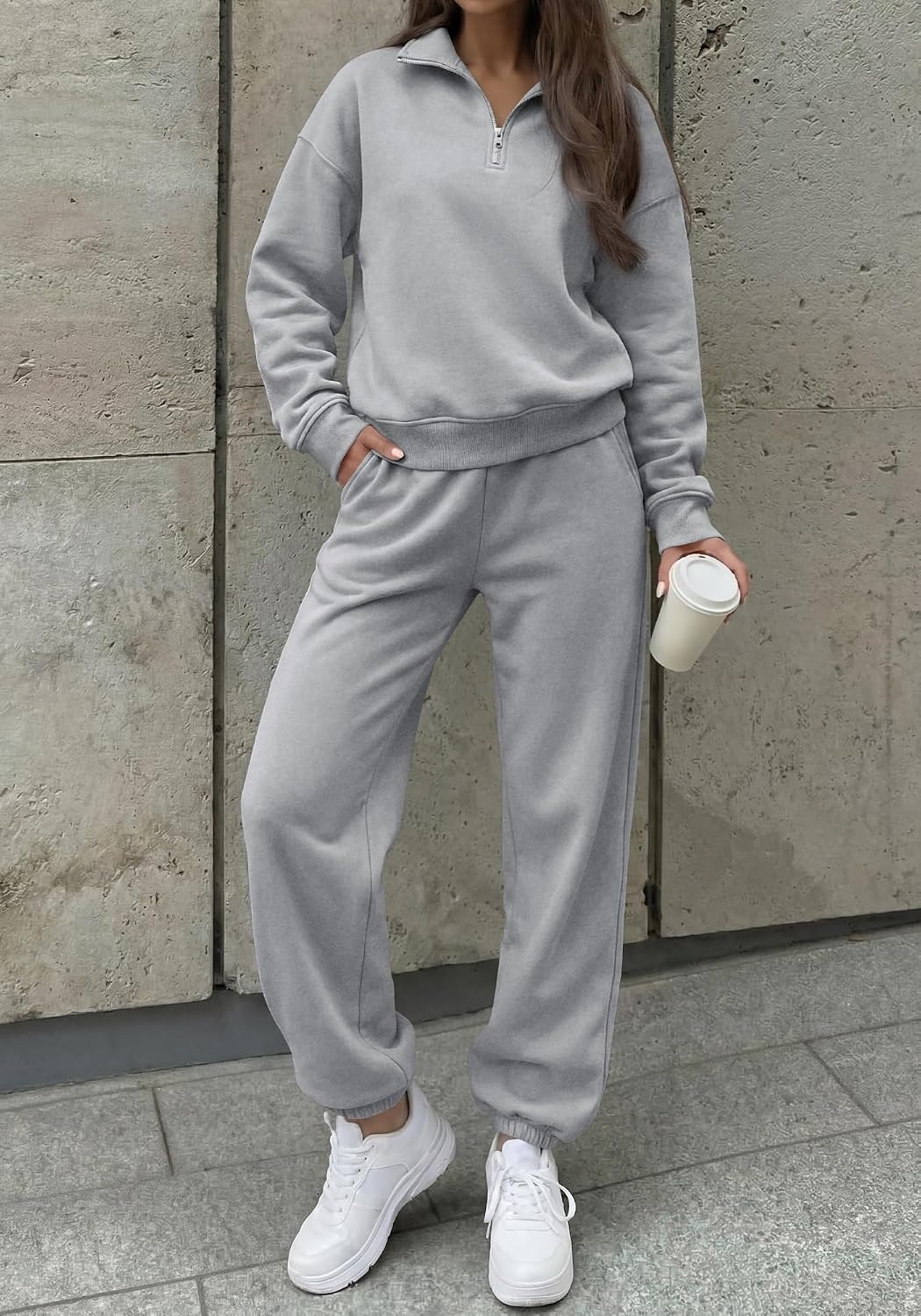 image:imageBTFBM Womens 2 Piece Outfits Sweatsuit Fleece Lounge Sets Quarter Zip Pullover SweatshirtBaggy Jogger Sweatpants2026 Fall Fashion ClothingAirport Travel Matching Sweat SetGrey