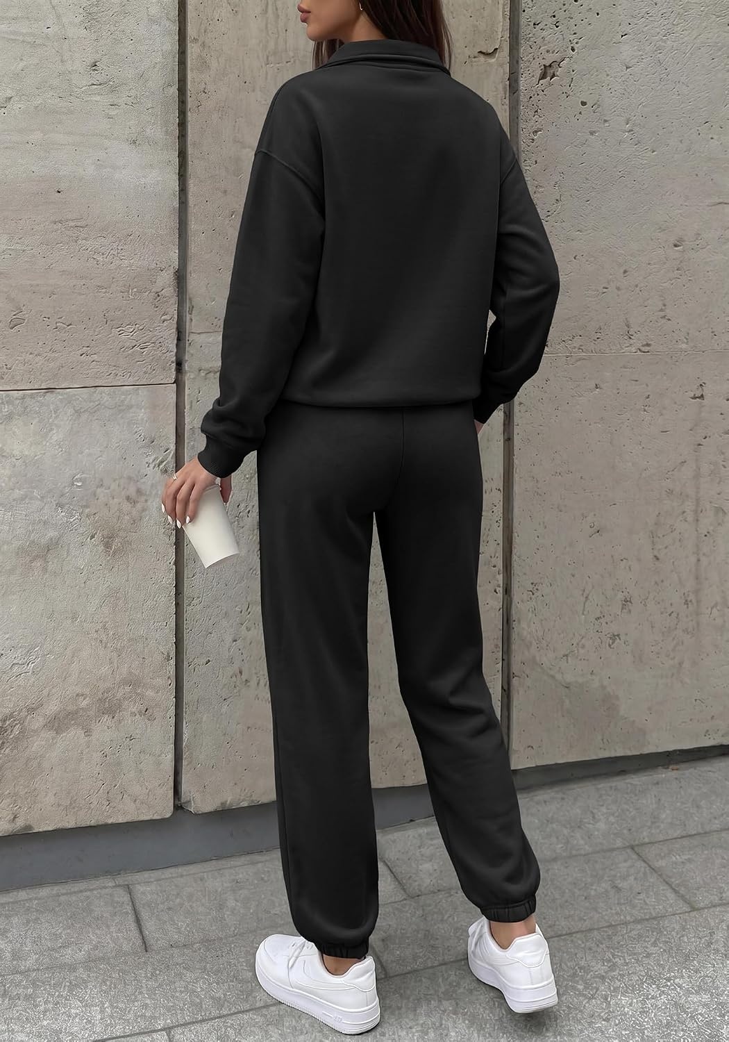 image:imageBTFBM Womens 2 Piece Outfits Sweatsuit Fleece Lounge Sets Quarter Zip Pullover SweatshirtBaggy Jogger Sweatpants2026 Fall Fashion ClothingAirport Travel Matching Sweat SetBlack