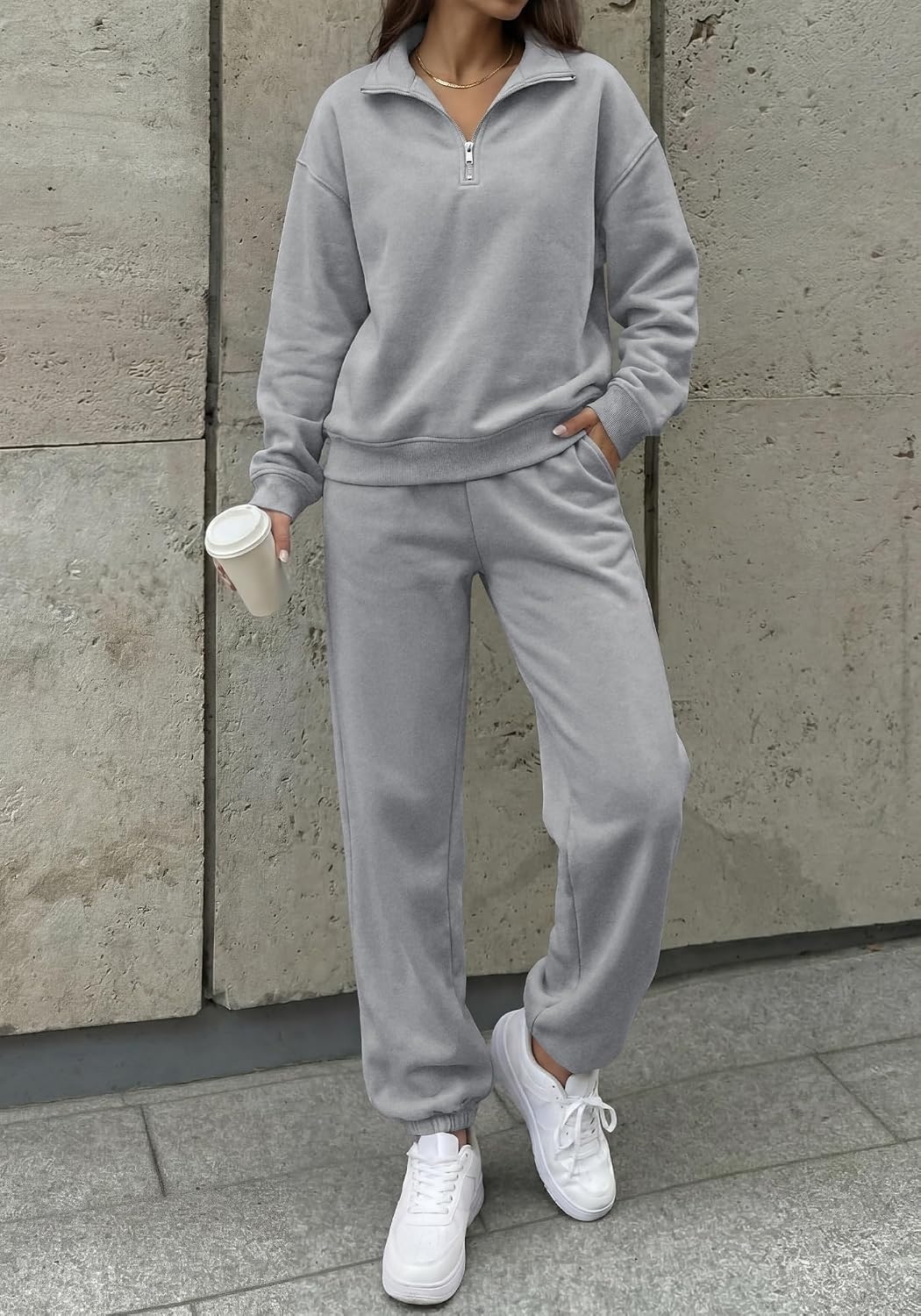 image:imageBTFBM Womens 2 Piece Outfits Sweatsuit Fleece Lounge Sets Quarter Zip Pullover SweatshirtBaggy Jogger Sweatpants2026 Fall Fashion ClothingAirport Travel Matching Sweat SetGrey