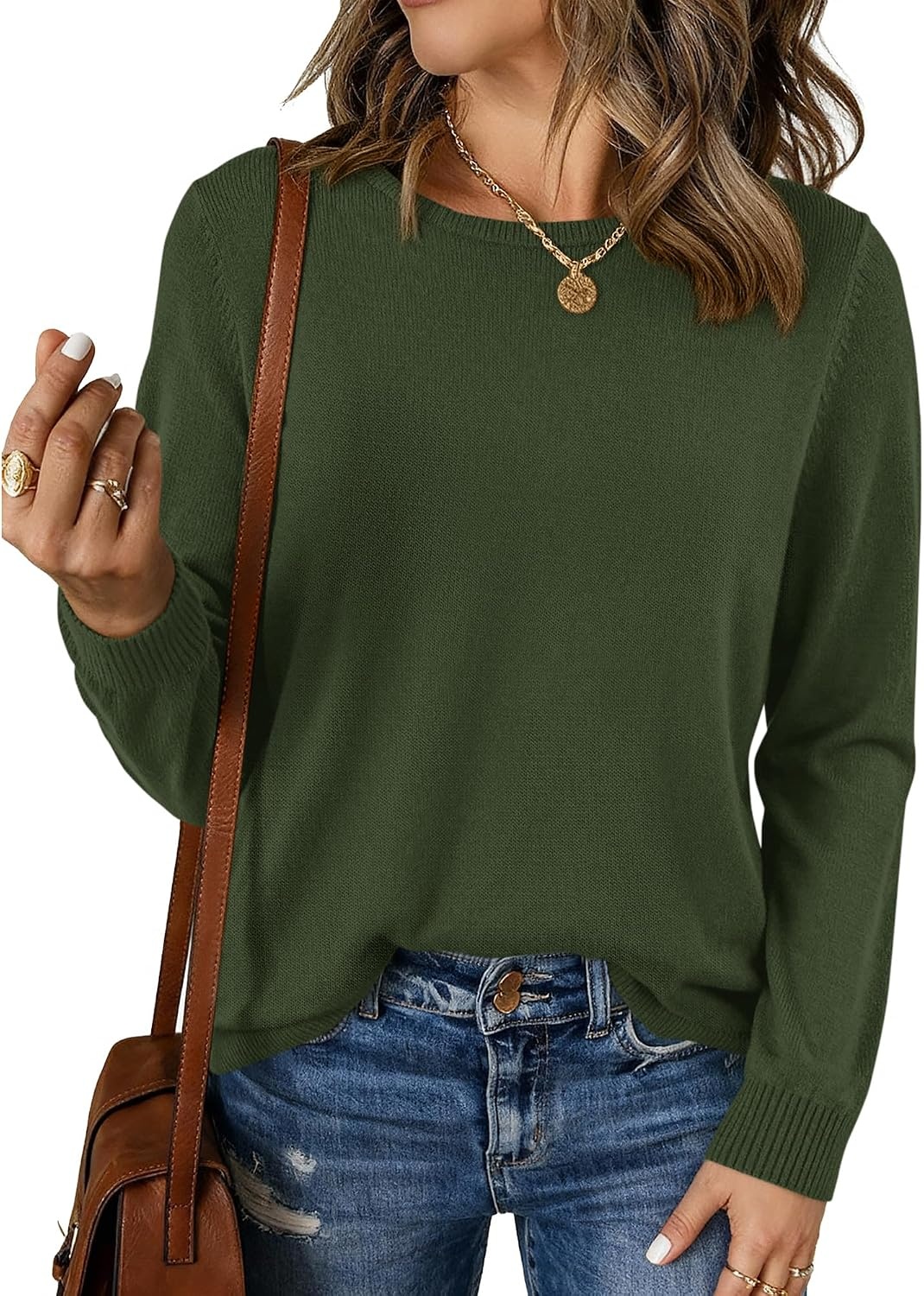 image:imageBTFBM Womens Long Sleeve Sweaters Crew Neck Basic Tops Business Casual TopLightweight Knit Pullover SweaterBasic Travel OutfitsLadies ShirtsFall Fashion Winter Layer ClothesArmy Green