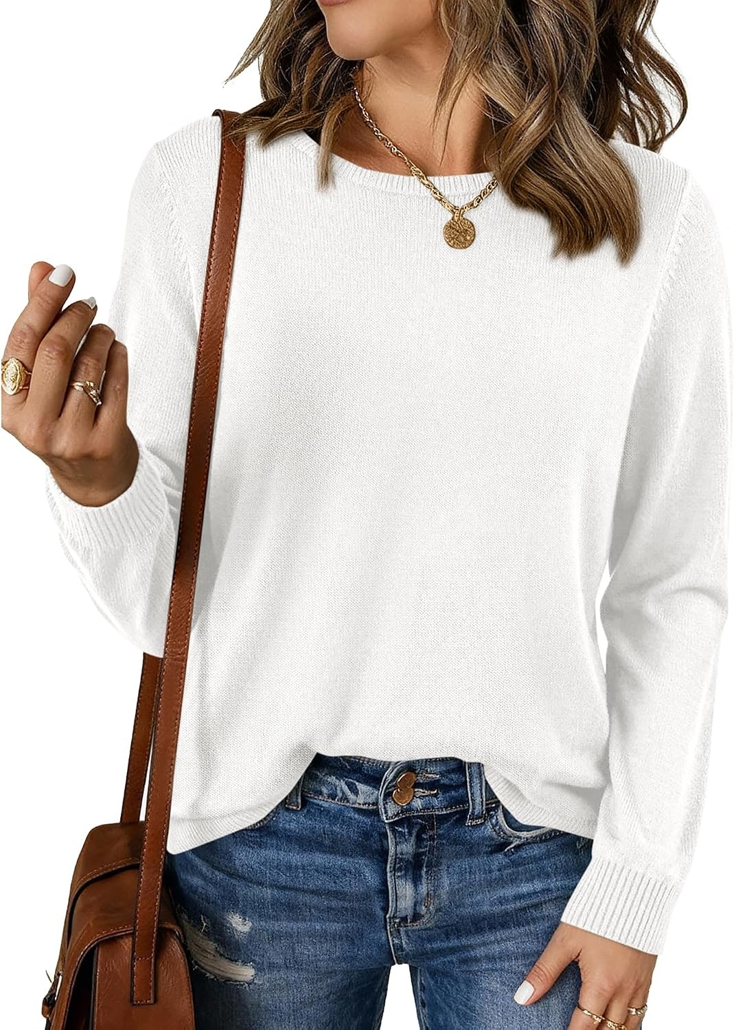 image:imageBTFBM Womens Long Sleeve Sweaters Crew Neck Basic Tops Business Casual TopLightweight Knit Pullover SweaterBasic Travel OutfitsLadies ShirtsFall Fashion Winter Layer ClothesWhite