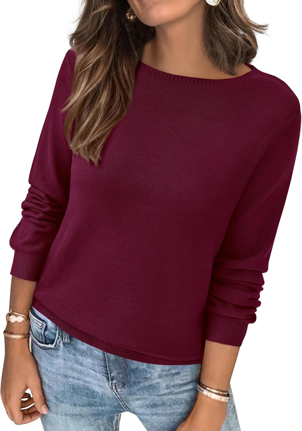 image:imageBTFBM Womens Long Sleeve Sweaters Crew Neck Basic Tops Business Casual TopLightweight Knit Pullover SweaterBasic Travel OutfitsLadies ShirtsFall Fashion Winter Layer ClothesBurgundy
