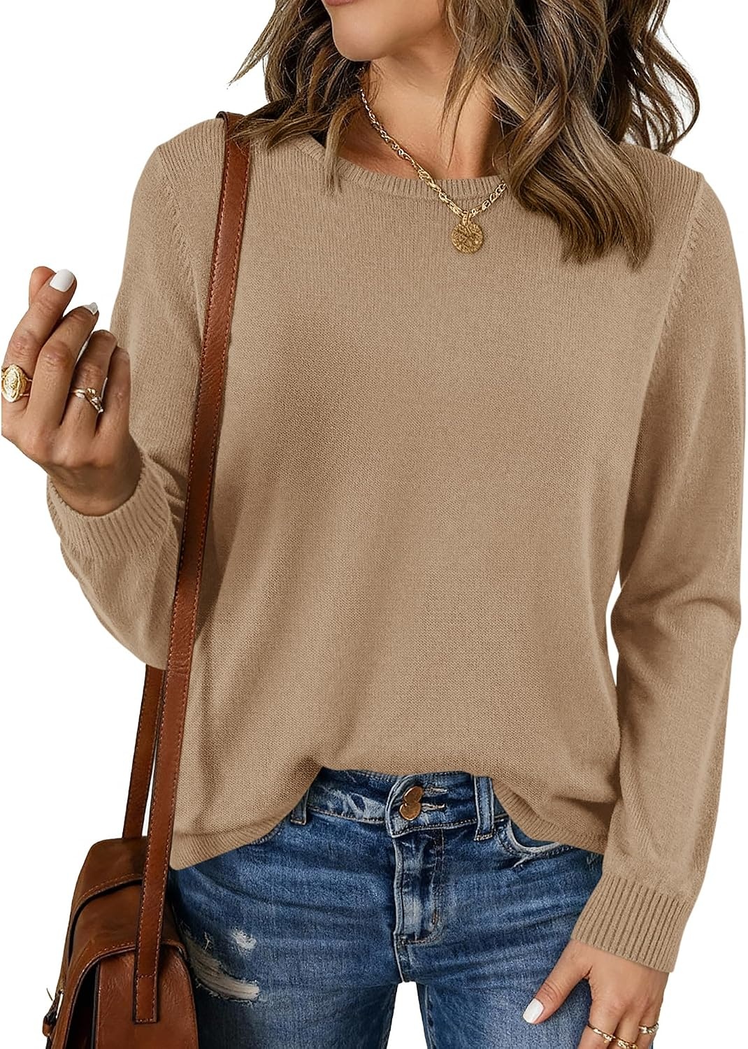 image:imageBTFBM Womens Long Sleeve Sweaters Crew Neck Basic Tops Business Casual TopLightweight Knit Pullover SweaterBasic Travel OutfitsLadies ShirtsFall Fashion Winter Layer ClothesKhaki