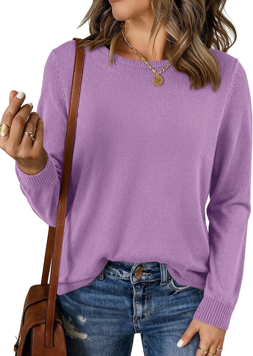 image:imageBTFBM Womens Long Sleeve Sweaters Crew Neck Basic Tops Business Casual TopLightweight Knit Pullover SweaterBasic Travel OutfitsLadies ShirtsFall Fashion Winter Layer ClothesPurple