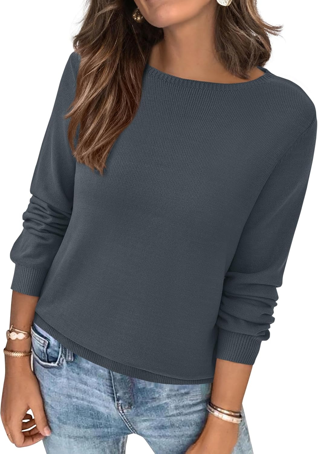 image:imageBTFBM Womens Long Sleeve Sweaters Crew Neck Basic Tops Business Casual TopLightweight Knit Pullover SweaterBasic Travel OutfitsLadies ShirtsFall Fashion Winter Layer ClothesDark Gray