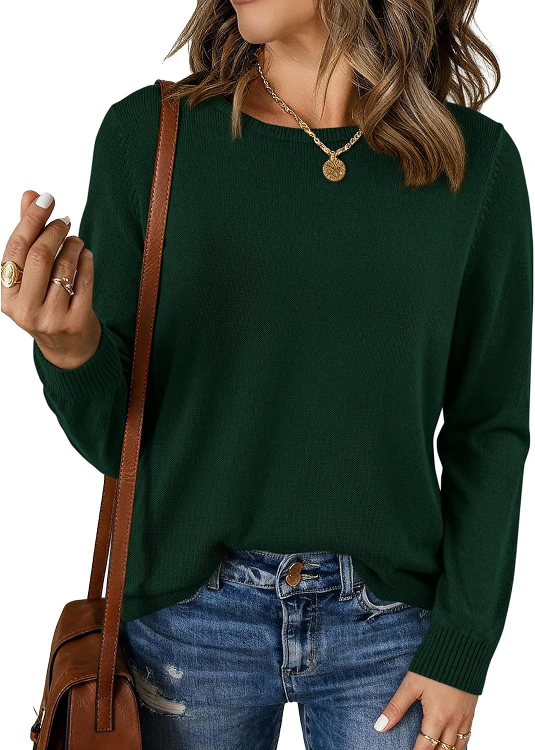 image:imageBTFBM Womens Long Sleeve Sweaters Crew Neck Basic Tops Business Casual TopLightweight Knit Pullover SweaterBasic Travel OutfitsLadies ShirtsFall Fashion Winter Layer ClothesDark Green