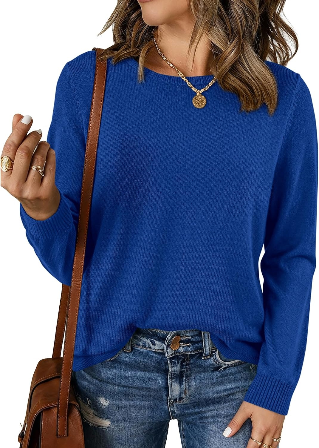 image:imageBTFBM Womens Long Sleeve Sweaters Crew Neck Basic Tops Business Casual TopLightweight Knit Pullover SweaterBasic Travel OutfitsLadies ShirtsFall Fashion Winter Layer ClothesRoyal Blue