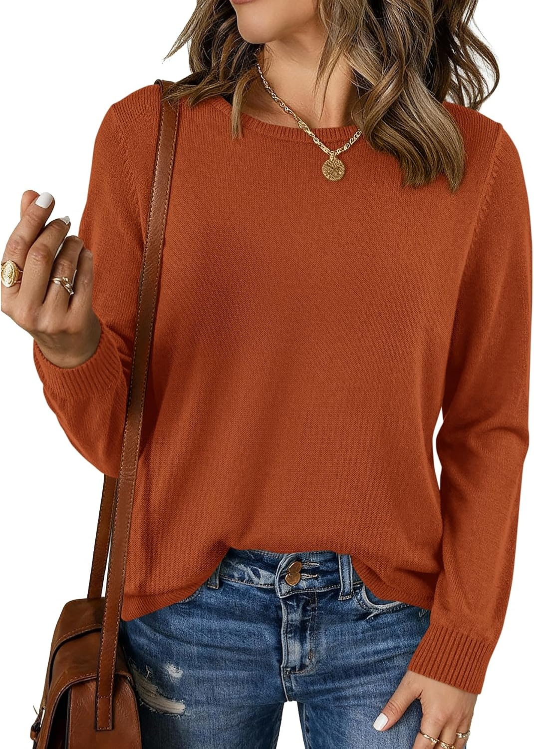 image:imageBTFBM Womens Long Sleeve Sweaters Crew Neck Basic Tops Business Casual TopLightweight Knit Pullover SweaterBasic Travel OutfitsLadies ShirtsFall Fashion Winter Layer ClothesCaramel