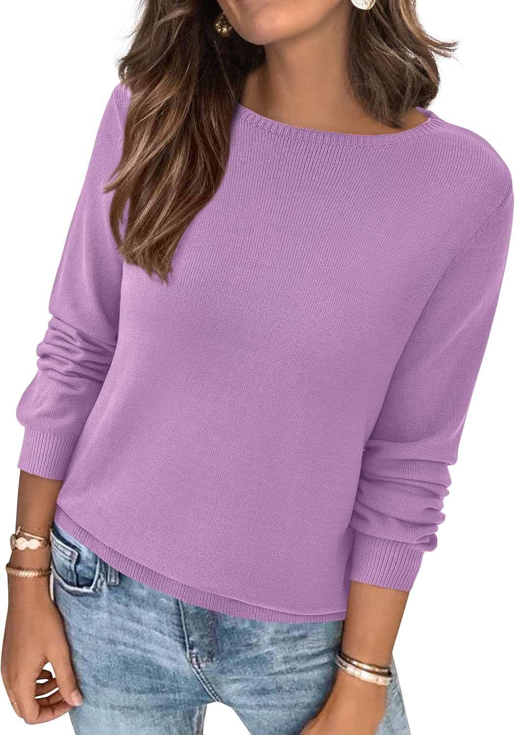 image:imageBTFBM Womens Long Sleeve Sweaters Crew Neck Basic Tops Business Casual TopLightweight Knit Pullover SweaterBasic Travel OutfitsLadies ShirtsFall Fashion Winter Layer ClothesPurple