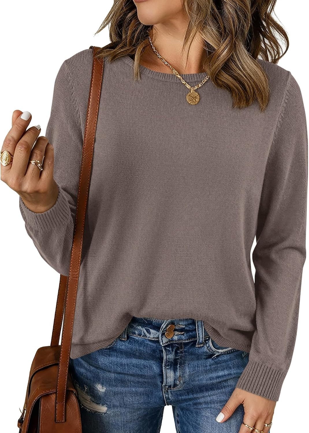 image:imageBTFBM Womens Long Sleeve Sweaters Crew Neck Basic Tops Business Casual TopLightweight Knit Pullover SweaterBasic Travel OutfitsLadies ShirtsFall Fashion Winter Layer ClothesApricot Khaki