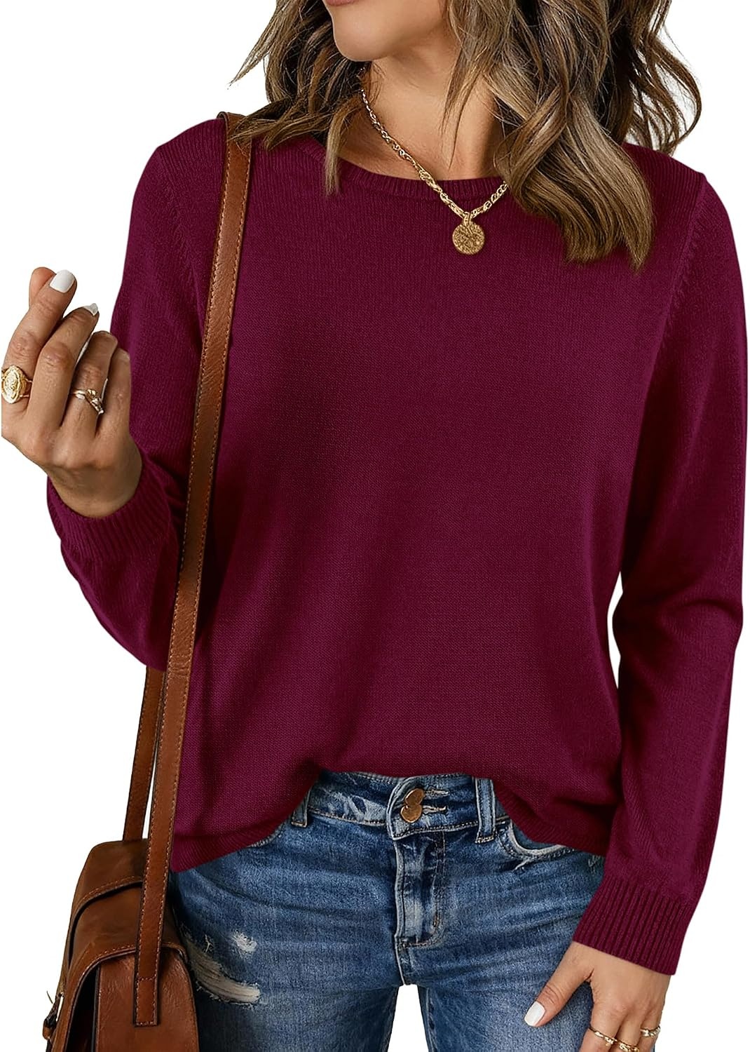 image:imageBTFBM Womens Long Sleeve Sweaters Crew Neck Basic Tops Business Casual TopLightweight Knit Pullover SweaterBasic Travel OutfitsLadies ShirtsFall Fashion Winter Layer ClothesBurgundy