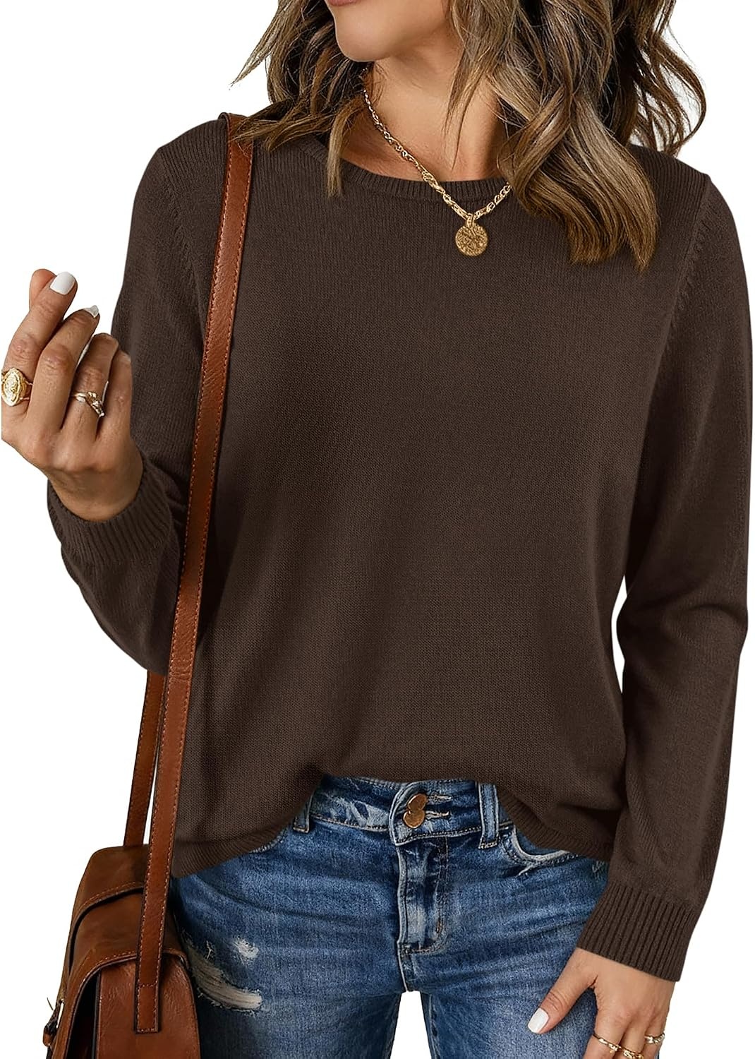 image:imageBTFBM Womens Long Sleeve Sweaters Crew Neck Basic Tops Business Casual TopLightweight Knit Pullover SweaterBasic Travel OutfitsLadies ShirtsFall Fashion Winter Layer ClothesBrown