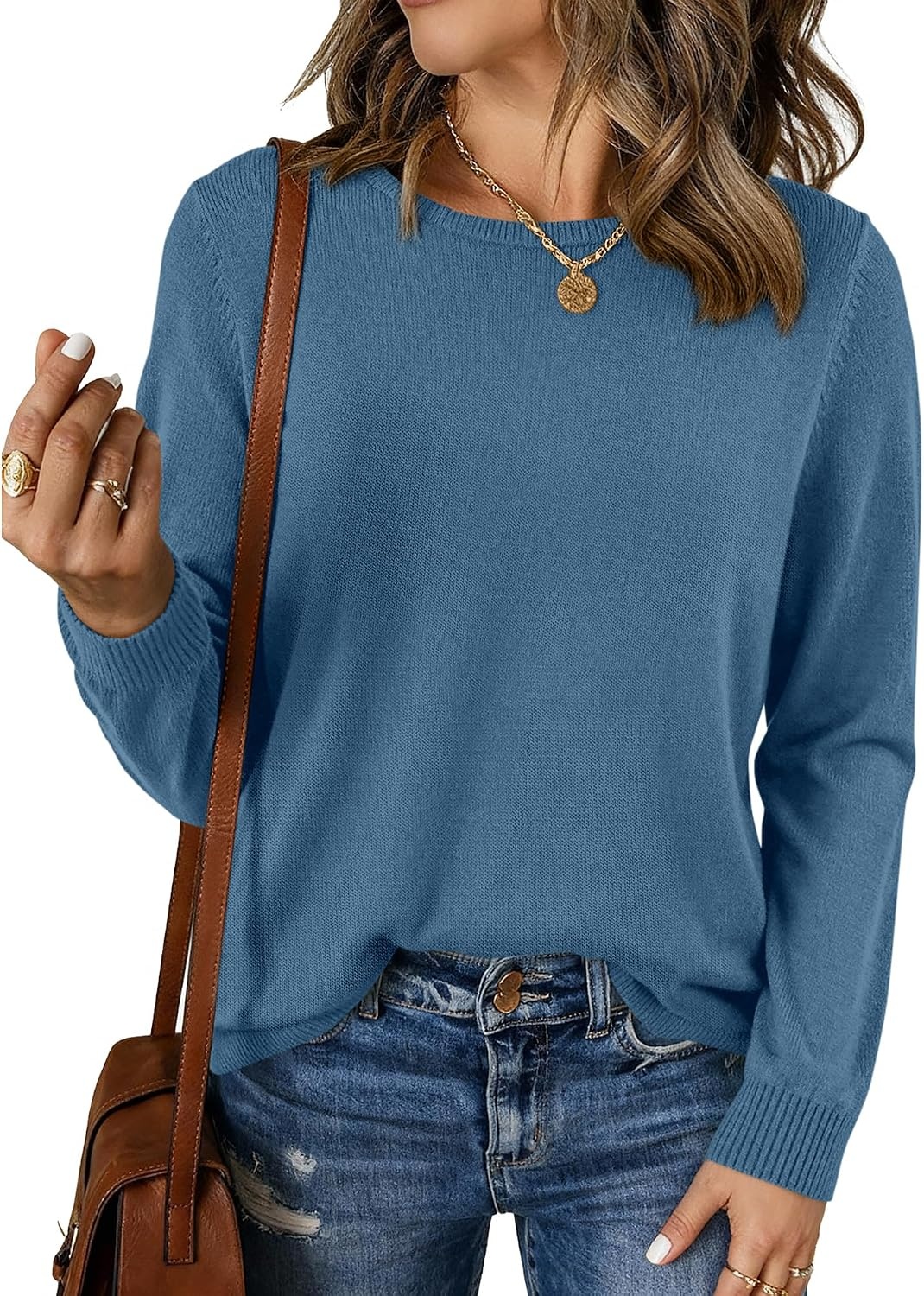 image:imageBTFBM Womens Long Sleeve Sweaters Crew Neck Basic Tops Business Casual TopLightweight Knit Pullover SweaterBasic Travel OutfitsLadies ShirtsFall Fashion Winter Layer ClothesGrey Blue