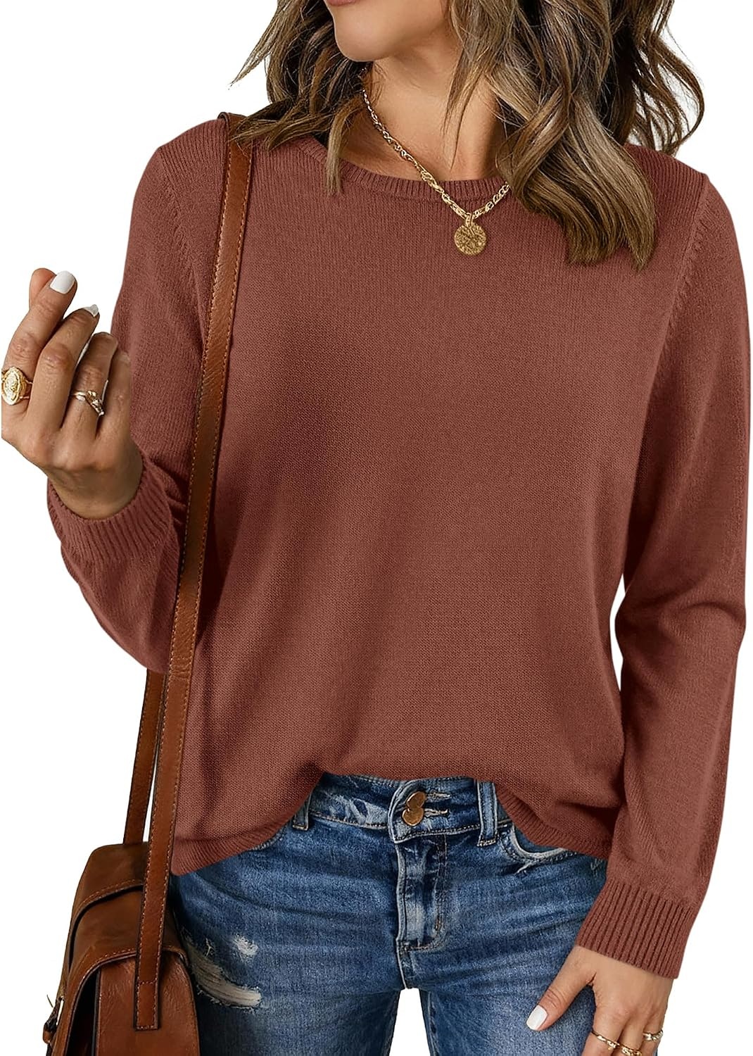 image:imageBTFBM Womens Long Sleeve Sweaters Crew Neck Basic Tops Business Casual TopLightweight Knit Pullover SweaterBasic Travel OutfitsLadies ShirtsFall Fashion Winter Layer ClothesLight Brown