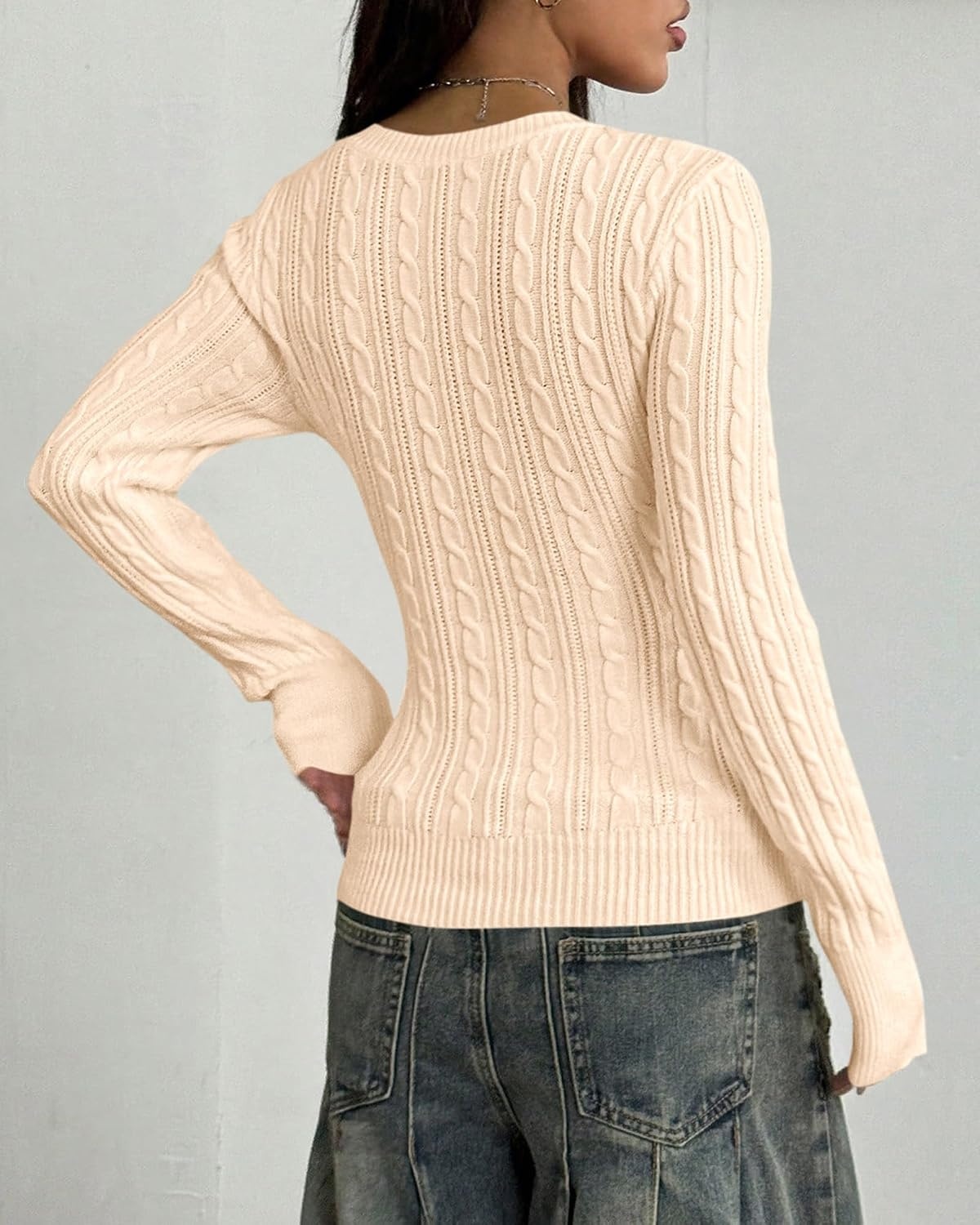image:imageBTFBM Womens Sweaters Cable Knit V Neck Long Sleeve Tops Lightweight Ribbed Fitted PulloverY2K Going Out TopBasic Tunic Daily Wear Fall 2026Dressy Work Business Casual OutfitsBeige
