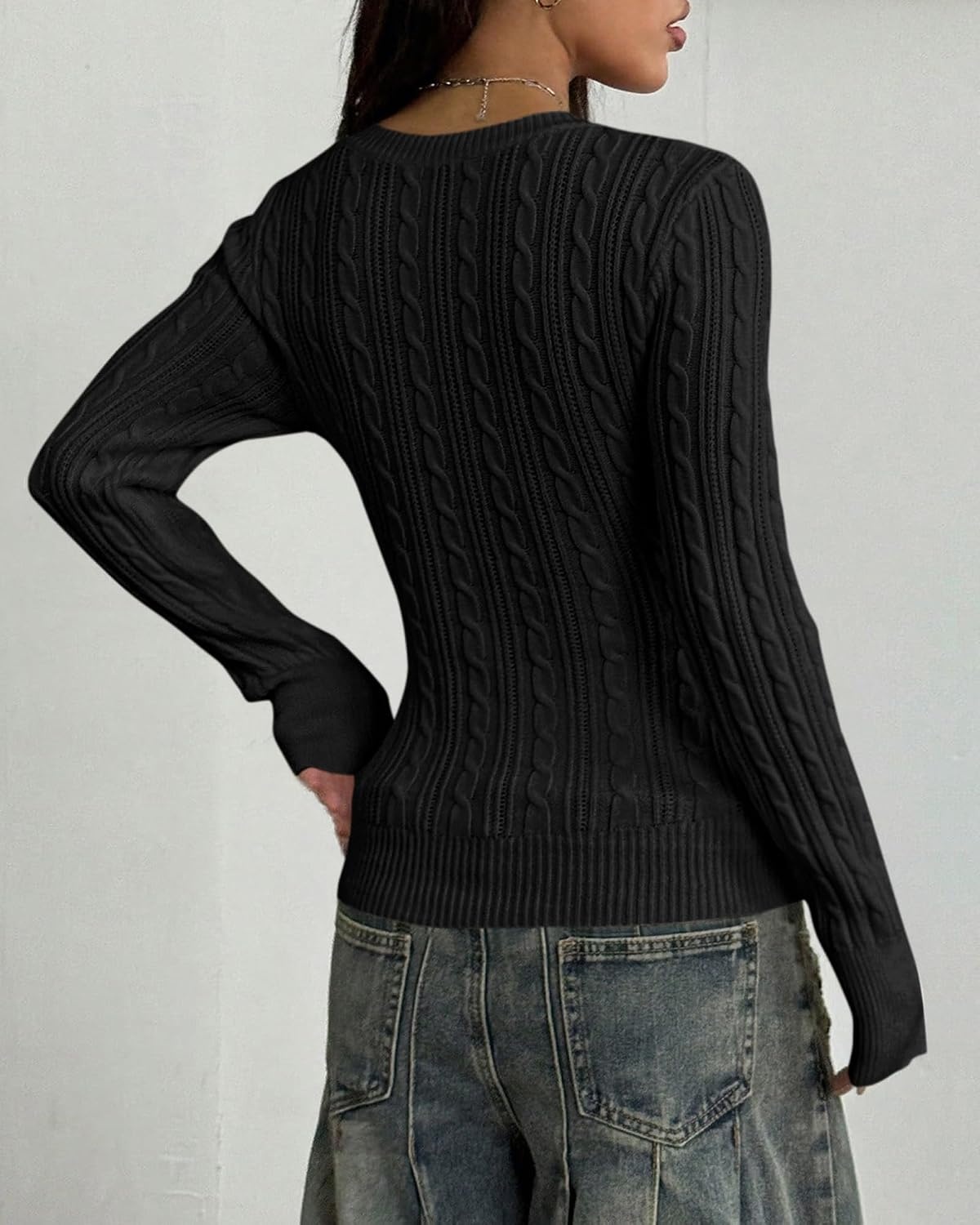 image:imageBTFBM Womens Sweaters Cable Knit V Neck Long Sleeve Tops Lightweight Ribbed Fitted PulloverY2K Going Out TopBasic Tunic Daily Wear Fall 2026Dressy Work Business Casual OutfitsBlack