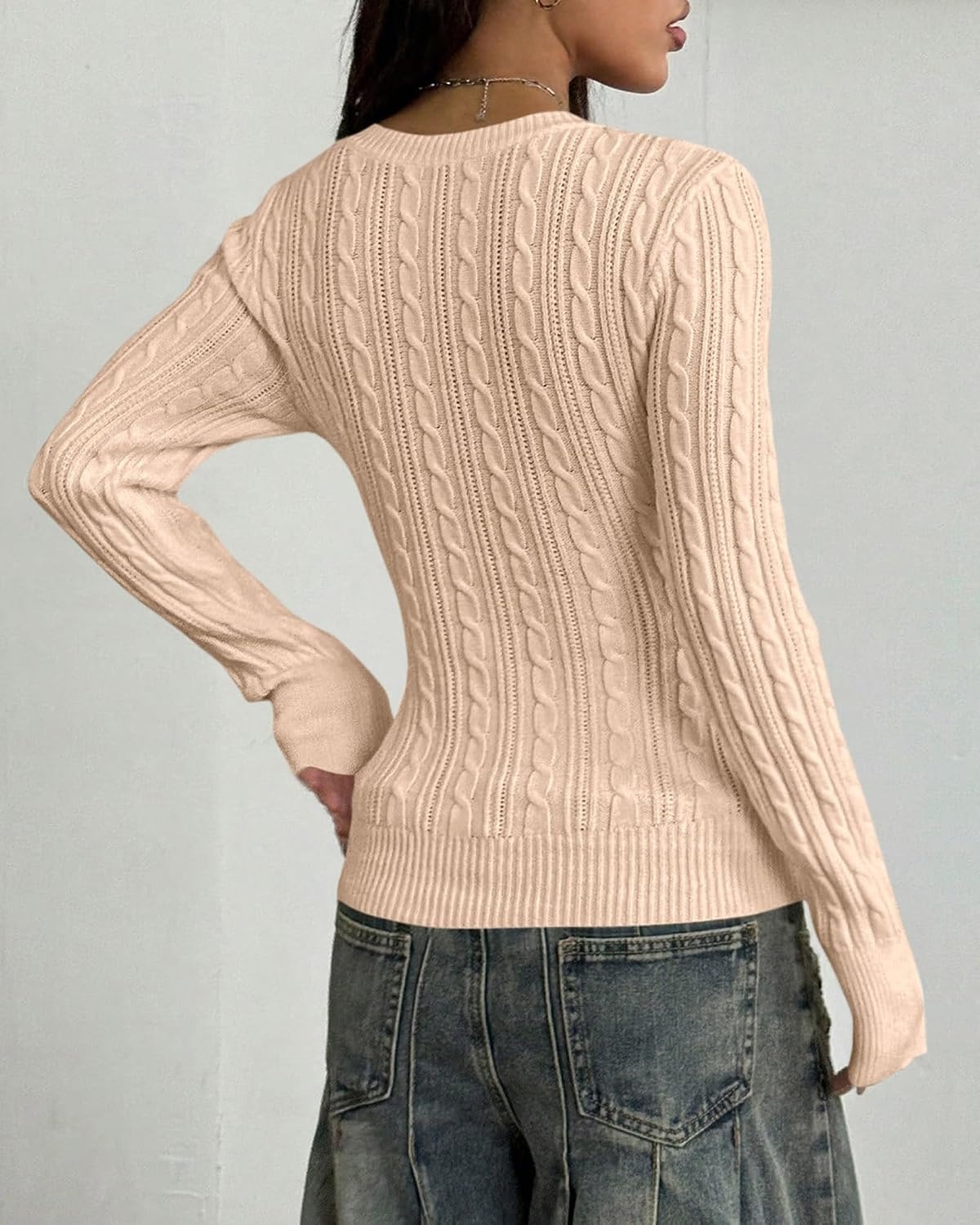 image:imageBTFBM Womens Sweaters Cable Knit V Neck Long Sleeve Tops Lightweight Ribbed Fitted PulloverY2K Going Out TopBasic Tunic Daily Wear Fall 2026Dressy Work Business Casual OutfitsLight Khaki
