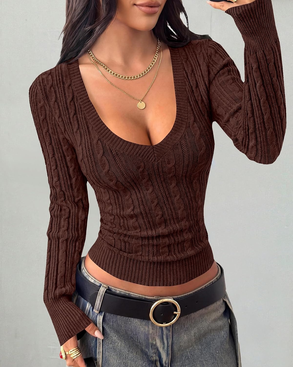 image:imageBTFBM Womens Sweaters Cable Knit V Neck Long Sleeve Tops Lightweight Ribbed Fitted PulloverY2K Going Out TopBasic Tunic Daily Wear Fall 2026Dressy Work Business Casual OutfitsBrown
