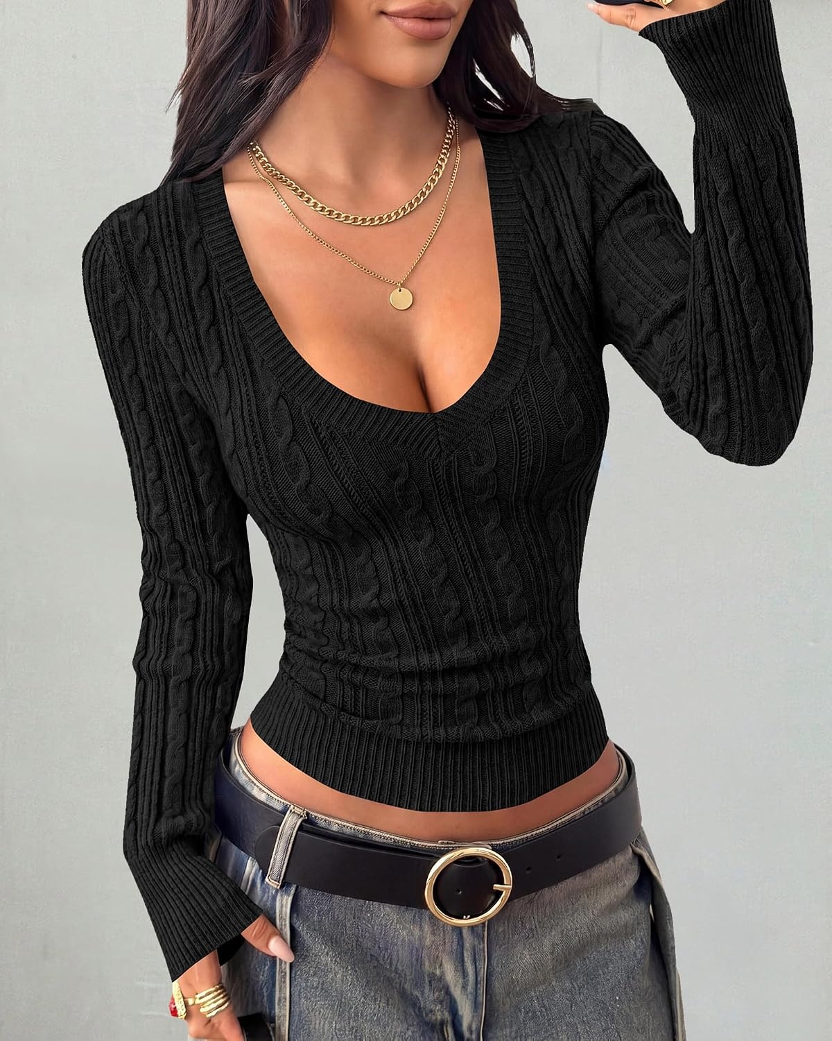 image:imageBTFBM Womens Sweaters Cable Knit V Neck Long Sleeve Tops Lightweight Ribbed Fitted PulloverY2K Going Out TopBasic Tunic Daily Wear Fall 2026Dressy Work Business Casual OutfitsBlack