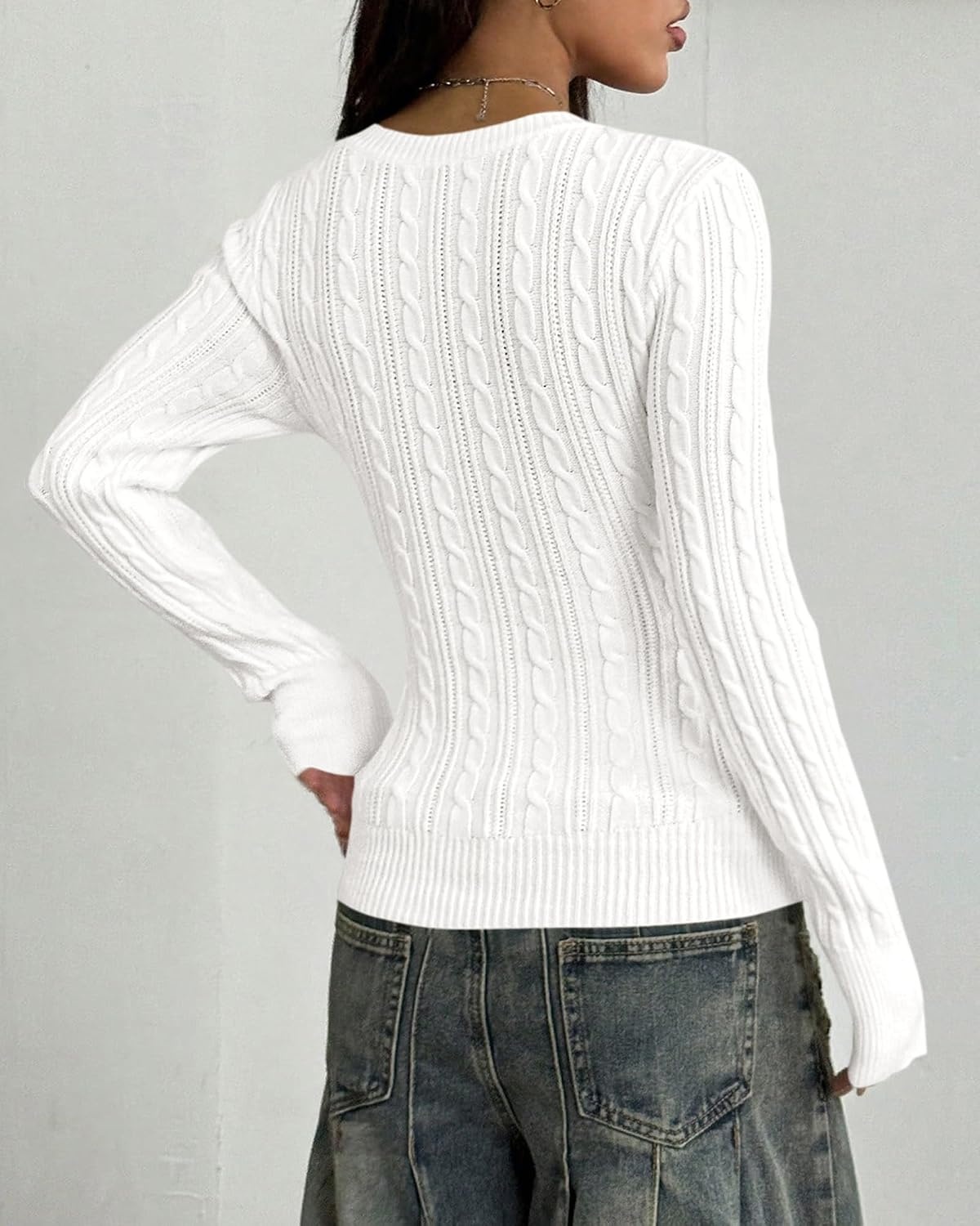 image:imageBTFBM Womens Sweaters Cable Knit V Neck Long Sleeve Tops Lightweight Ribbed Fitted PulloverY2K Going Out TopBasic Tunic Daily Wear Fall 2026Dressy Work Business Casual OutfitsWhite