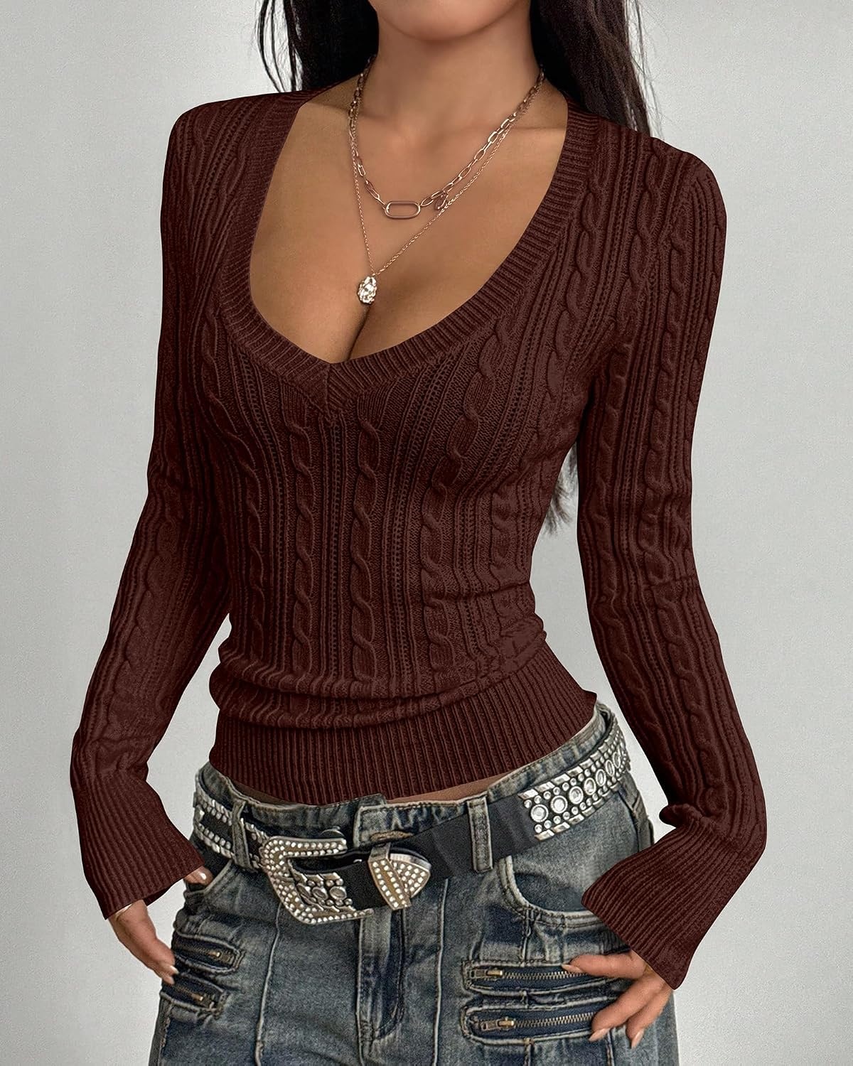 image:imageBTFBM Womens Sweaters Cable Knit V Neck Long Sleeve Tops Lightweight Ribbed Fitted PulloverY2K Going Out TopBasic Tunic Daily Wear Fall 2026Dressy Work Business Casual OutfitsBrown