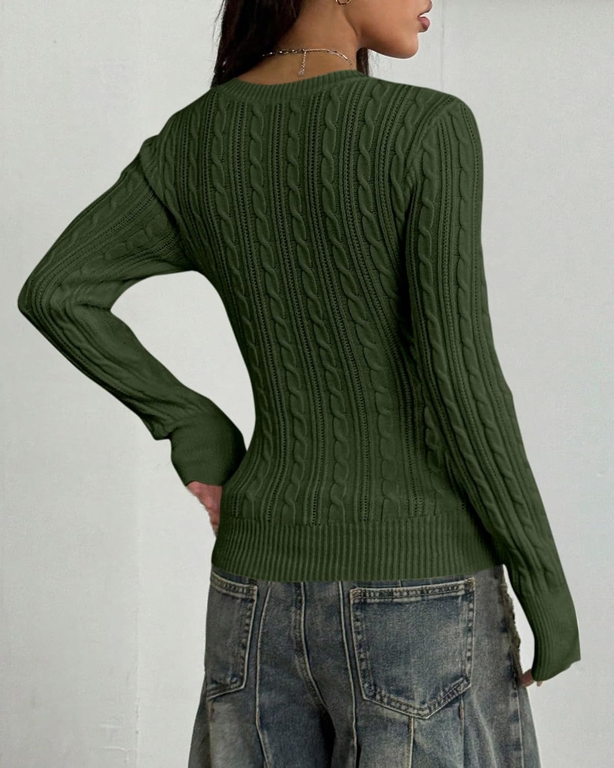 image:imageBTFBM Womens Sweaters Cable Knit V Neck Long Sleeve Tops Lightweight Ribbed Fitted PulloverY2K Going Out TopBasic Tunic Daily Wear Fall 2026Dressy Work Business Casual OutfitsArmy Green