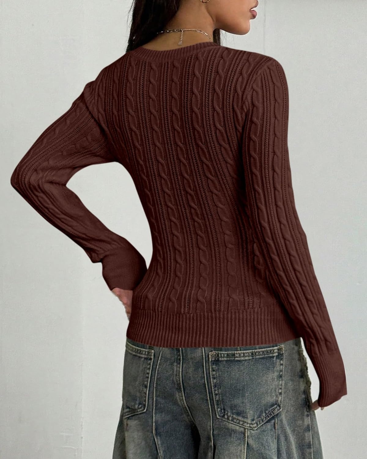 image:imageBTFBM Womens Sweaters Cable Knit V Neck Long Sleeve Tops Lightweight Ribbed Fitted PulloverY2K Going Out TopBasic Tunic Daily Wear Fall 2026Dressy Work Business Casual OutfitsBrown