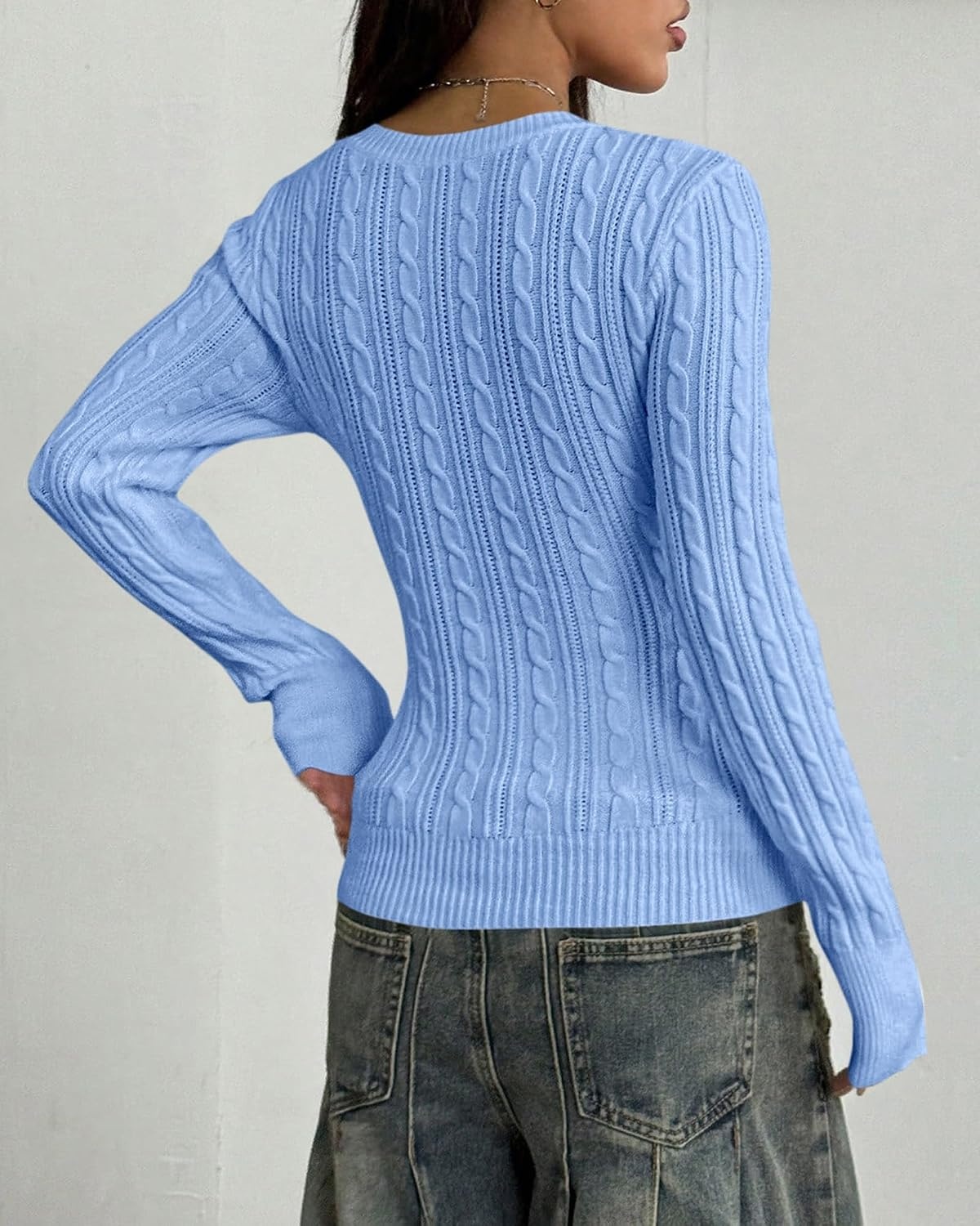image:imageBTFBM Womens Sweaters Cable Knit V Neck Long Sleeve Tops Lightweight Ribbed Fitted PulloverY2K Going Out TopBasic Tunic Daily Wear Fall 2026Dressy Work Business Casual OutfitsLight Blue