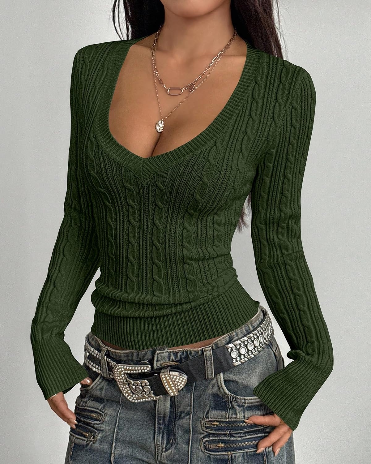 image:imageBTFBM Womens Sweaters Cable Knit V Neck Long Sleeve Tops Lightweight Ribbed Fitted PulloverY2K Going Out TopBasic Tunic Daily Wear Fall 2026Dressy Work Business Casual OutfitsArmy Green