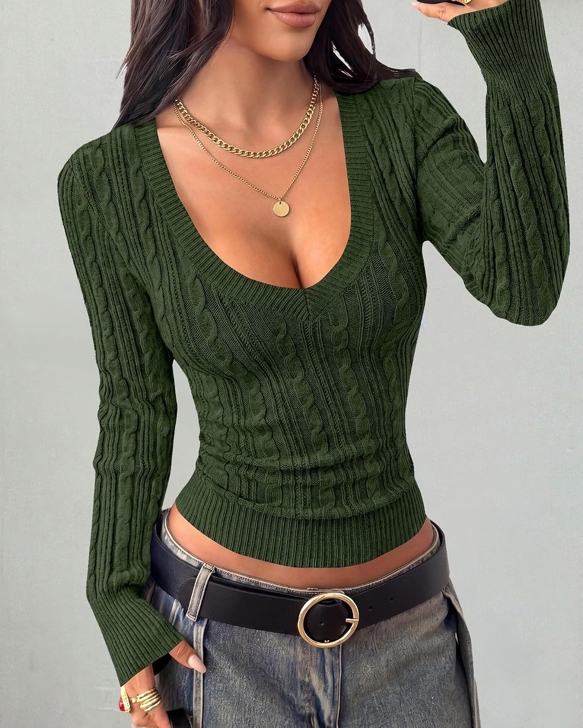 image:imageBTFBM Womens Sweaters Cable Knit V Neck Long Sleeve Tops Lightweight Ribbed Fitted PulloverY2K Going Out TopBasic Tunic Daily Wear Fall 2026Dressy Work Business Casual OutfitsArmy Green
