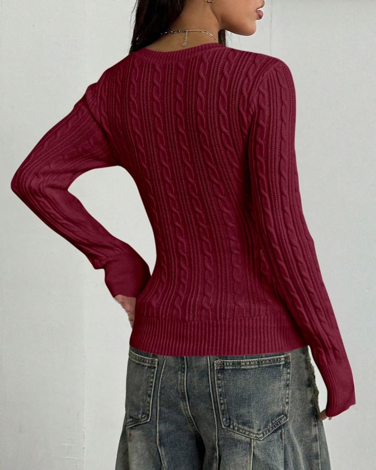image:imageBTFBM Womens Sweaters Cable Knit V Neck Long Sleeve Tops Lightweight Ribbed Fitted PulloverY2K Going Out TopBasic Tunic Daily Wear Fall 2026Dressy Work Business Casual OutfitsBurgundy