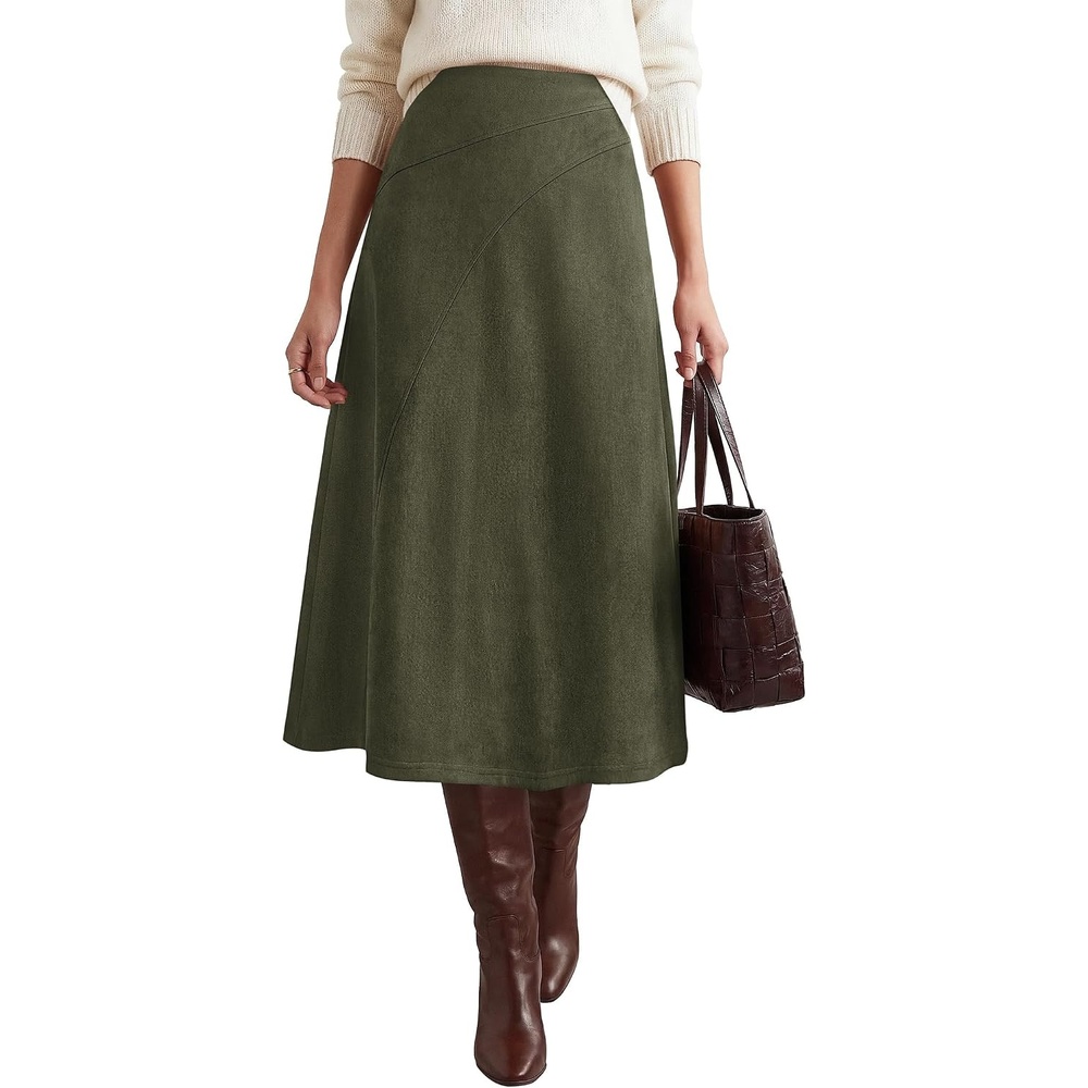 image:imageBTFBM Women Faux Suede Midi Long Skirt Fall Fashion 2026 High Waisted Skirts For Women Trendy Lightweight Back Elastic Arc Line Design ALine Winter Dress Boho Western OutfitsArmy Green