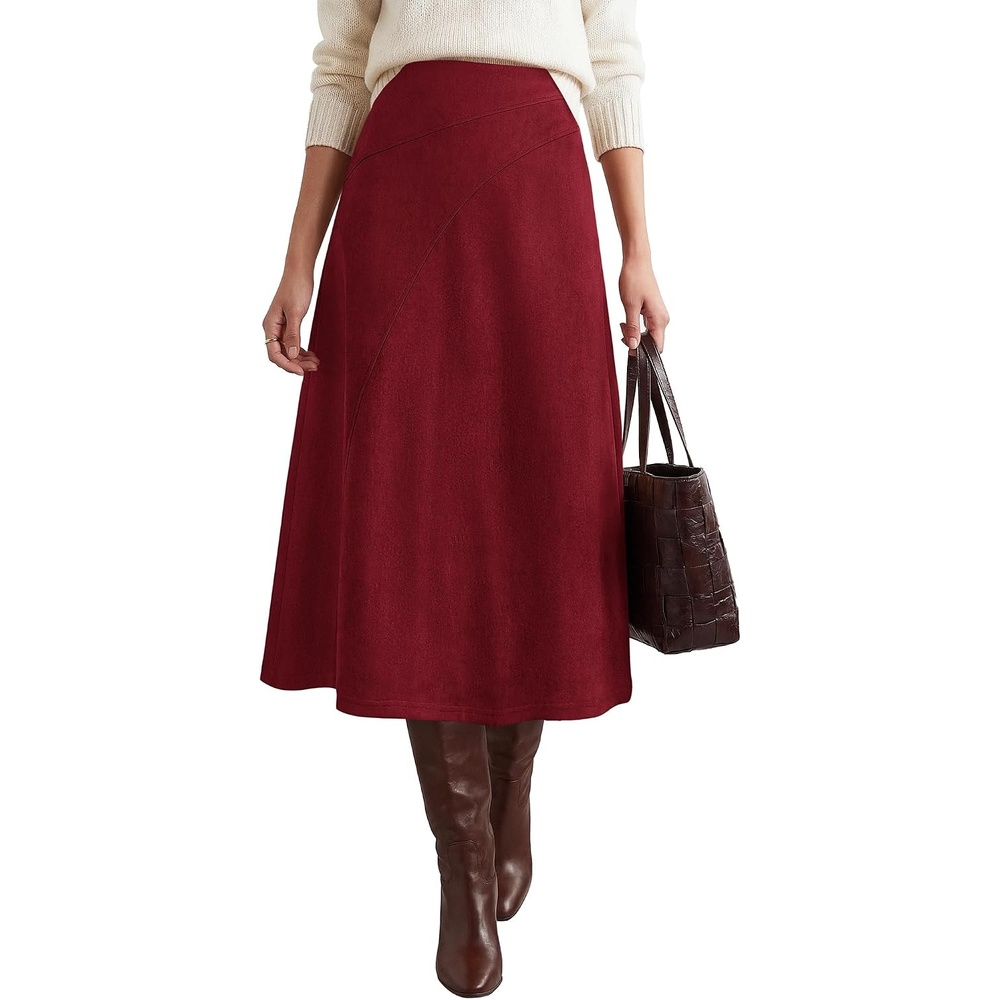 image:imageBTFBM Women Faux Suede Midi Long Skirt Fall Fashion 2026 High Waisted Skirts For Women Trendy Lightweight Back Elastic Arc Line Design ALine Winter Dress Boho Western OutfitsBurgundy