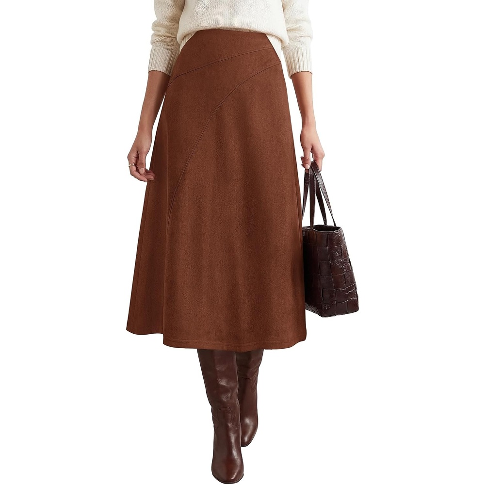 image:imageBTFBM Women Faux Suede Midi Long Skirt Fall Fashion 2026 High Waisted Skirts For Women Trendy Lightweight Back Elastic Arc Line Design ALine Winter Dress Boho Western OutfitsDark Brown
