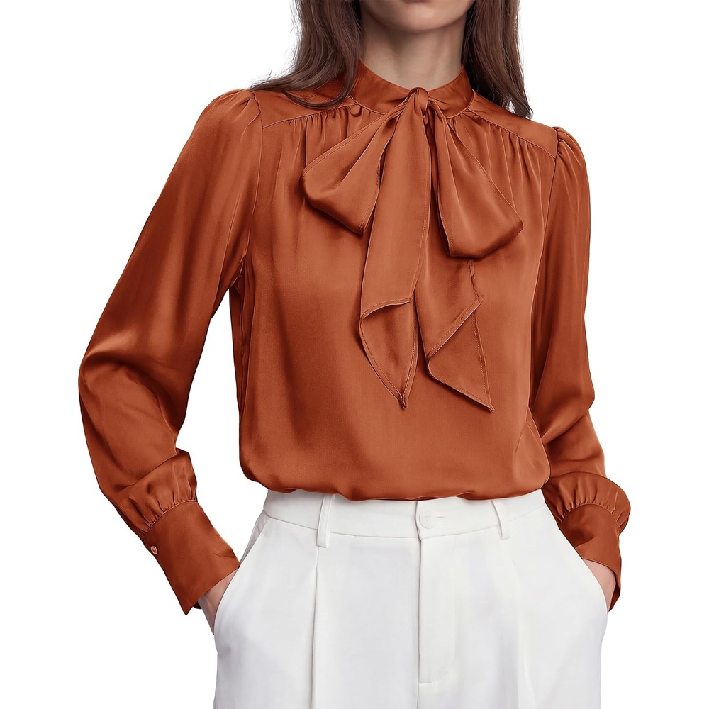 image:imageBTFBM Women Satin Blouses Bow Tie Work Business Casual Tops  Ruched Button Cuff Long Sleeve Top Dressy Silk Blouse Elegant Daily Professional Office Clothes Early Fall Fashion 2026Orange