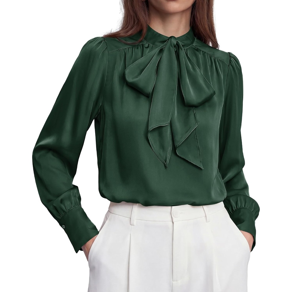 image:imageBTFBM Women Satin Blouses Bow Tie Work Business Casual Tops  Ruched Button Cuff Long Sleeve Top Dressy Silk Blouse Elegant Daily Professional Office Clothes Early Fall Fashion 2026Green