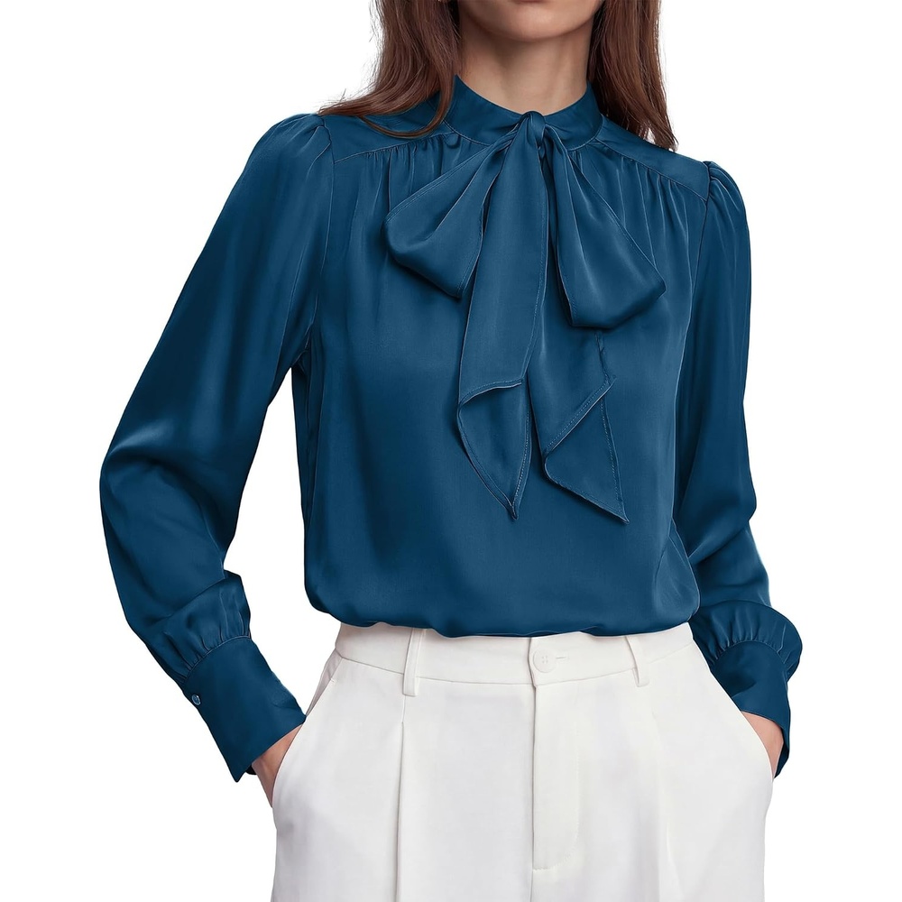 image:imageBTFBM Women Satin Blouses Bow Tie Work Business Casual Tops  Ruched Button Cuff Long Sleeve Top Dressy Silk Blouse Elegant Daily Professional Office Clothes Early Fall Fashion 2026Blue Green