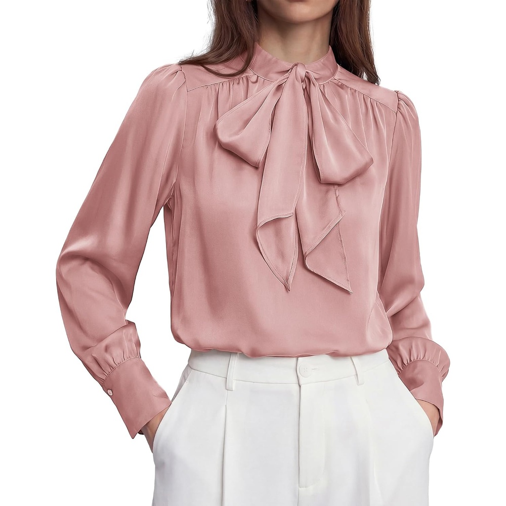 image:imageBTFBM Women Satin Blouses Bow Tie Work Business Casual Tops  Ruched Button Cuff Long Sleeve Top Dressy Silk Blouse Elegant Daily Professional Office Clothes Early Fall Fashion 2026Pink