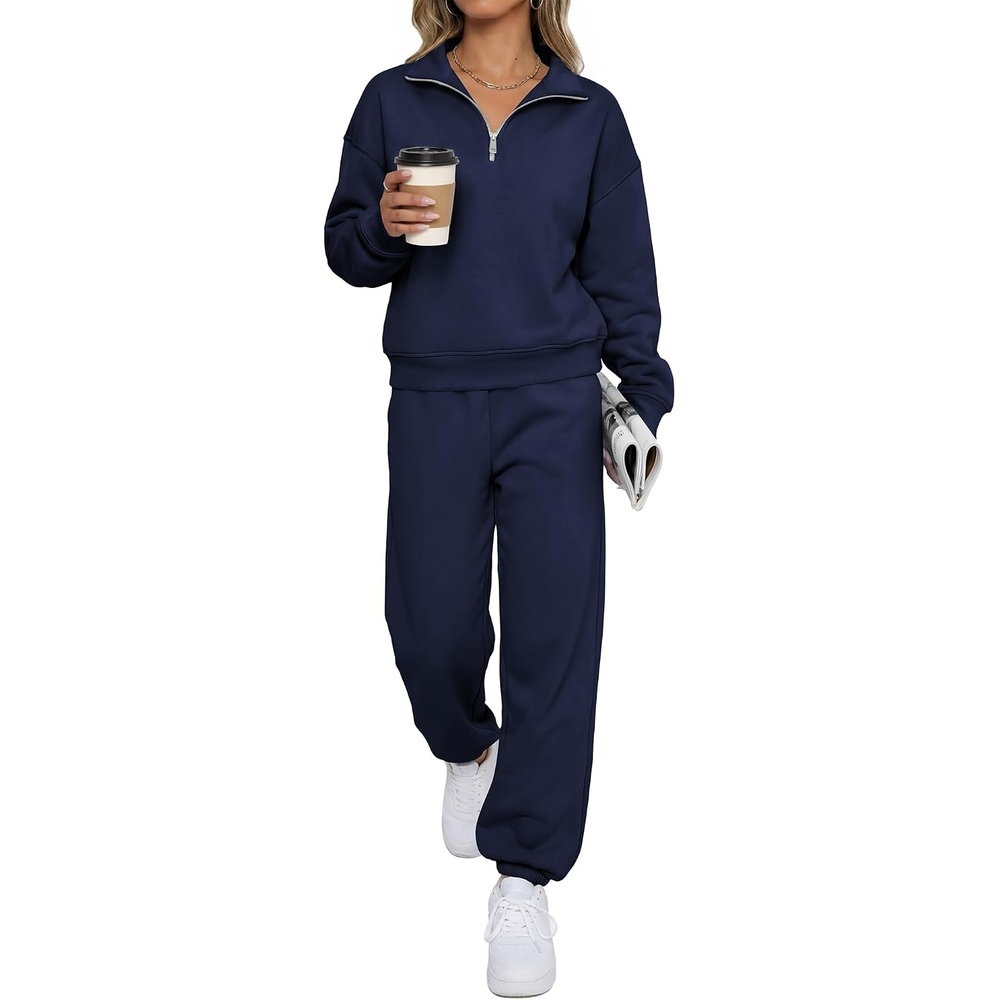 image:imageBTFBM Womens 2 Piece Outfits Sweatsuit Fleece Lounge Sets Quarter Zip Pullover SweatshirtBaggy Jogger Sweatpants2026 Fall Fashion ClothingAirport Travel Matching Sweat SetNavy Blue