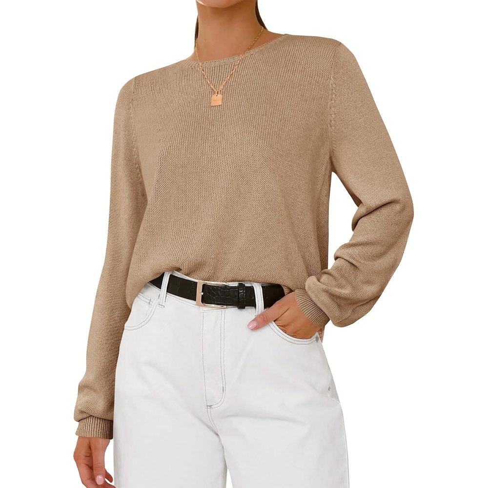 image:imageBTFBM Womens Long Sleeve Sweaters Crew Neck Basic Tops Business Casual TopLightweight Knit Pullover SweaterBasic Travel OutfitsLadies ShirtsFall Fashion Winter Layer ClothesKhaki
